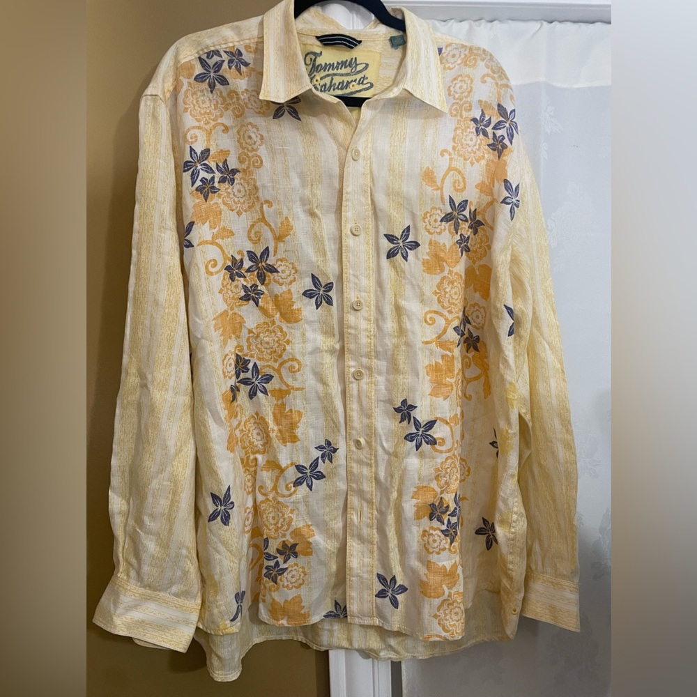 Tommy Bahama Mens XL Long Sleeve Shirt 100% Linen YELLOW BLUE Floral Stripe EUC